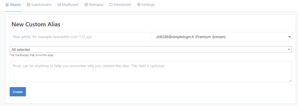 SimpleLogin creation alias
